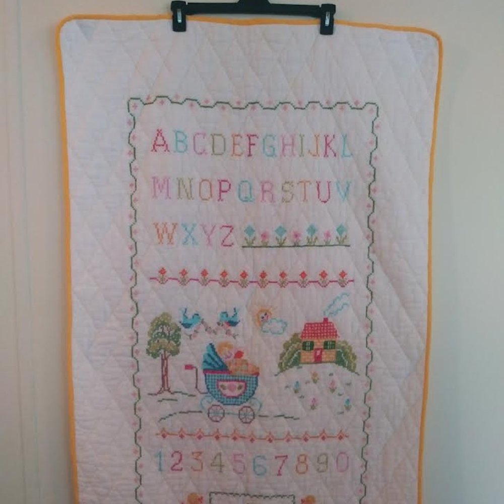 Cross Stitch Embroidered Baby Blanket, Criblet, Wall Hanging, Hand Made, 54 X 32